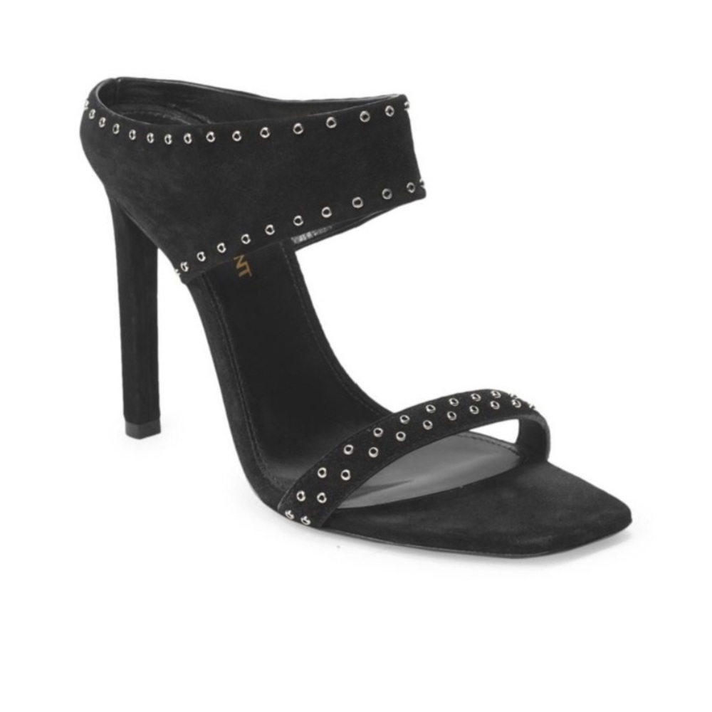 Saint Laurent Mica Grommet Black suede mule sandal NEW